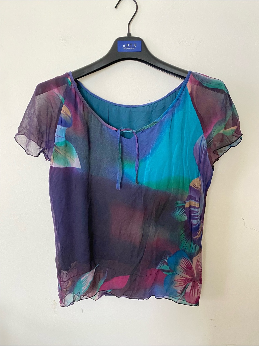 100%silk Teal, Purple & Pink Sheer Floral Short-Sleeve Blouse